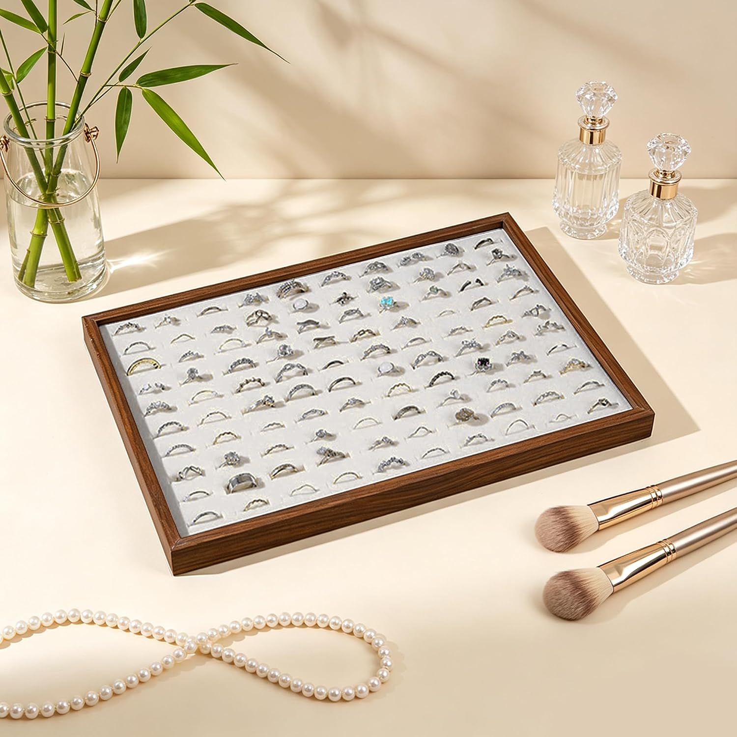 Homeanda Drawer Jewelry Organizer Tray, Wooden Velvet Storage, 100 Slots image 3