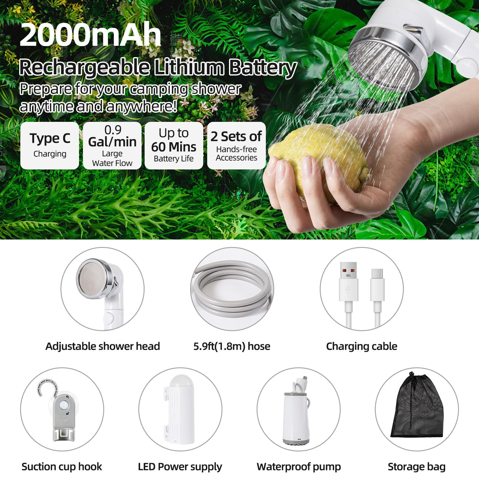 Douche de camping, pompe de douche portable alimentée par batterie rechargeable avec lumière LED, douche portable pour camping, randonnée, voyage et plage