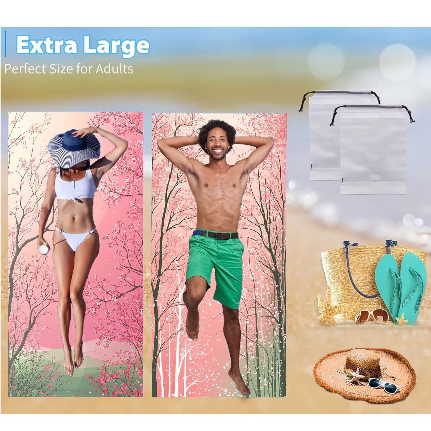Toalla Playa Grande, 90 x 200 cm Toalla Microfibra Prevención de Arena, Toallas de Playa Ligera y de Secado Rápido, para a Viajes, Sauna, Gimnasio 2PCS Esterilla Playas Regalos Mujer (Árboles) k-894