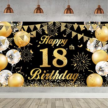 18th Birthday Banner in Black Gold - Party Decoration Background Banner for Men and Women