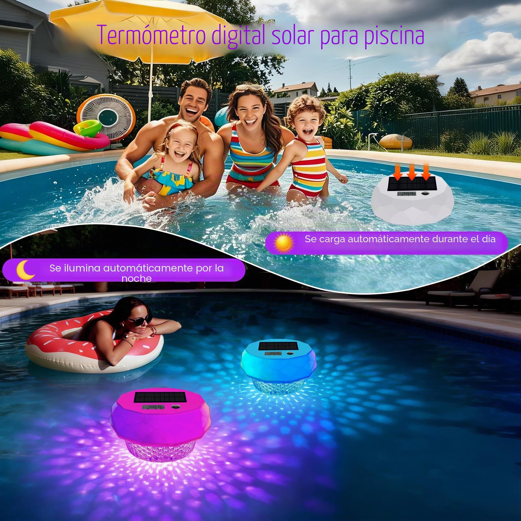 Termómetro digital solar para piscina – Termómetro flotante con pantalla LED y función de temporizador, 8 efectos de luz dinámicos, IP68 resistente al agua, funciona con energía solar, para