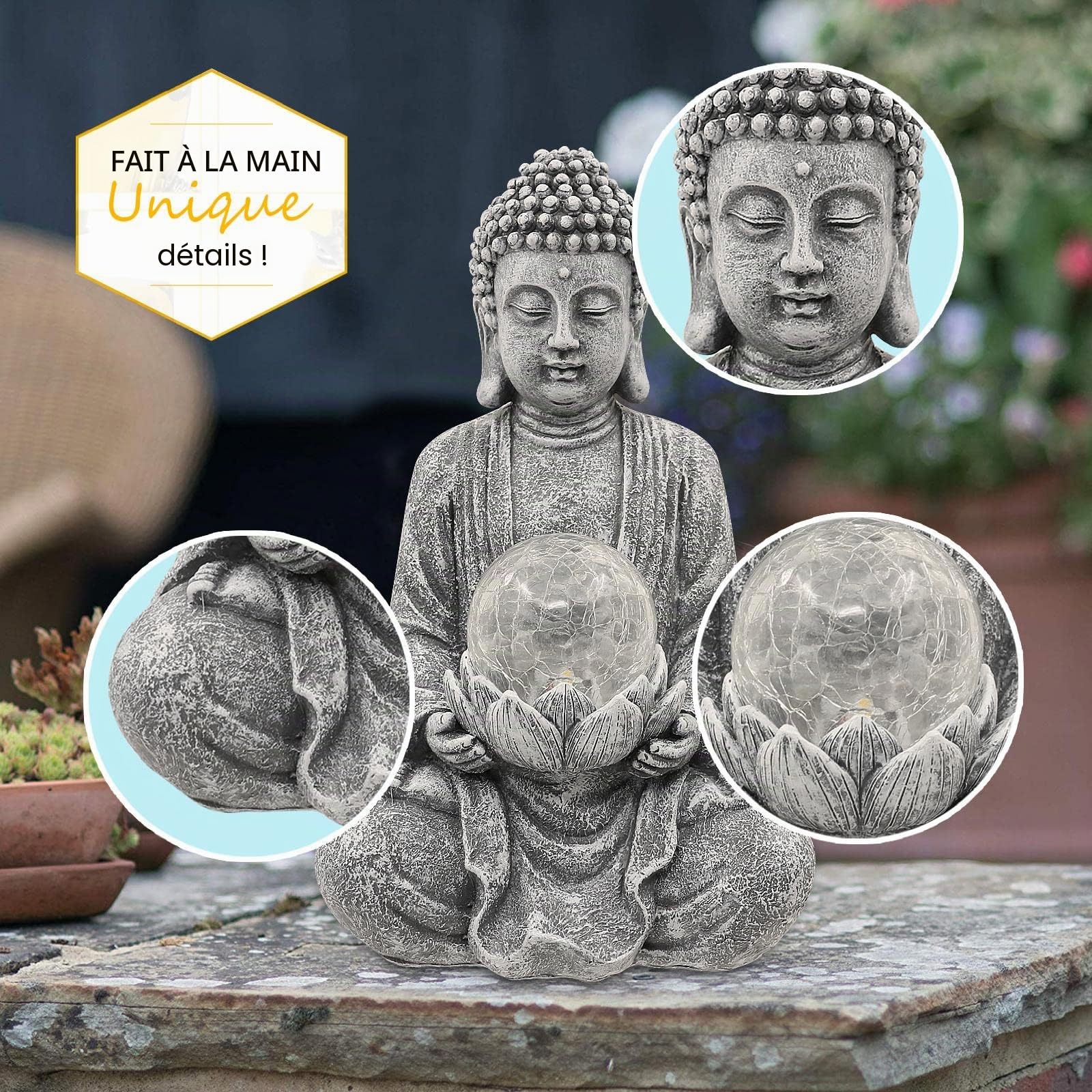 Yeomoo Statue Bouddha Zen avec Globe Solaire Décoration Jardin 26.5cm Gris