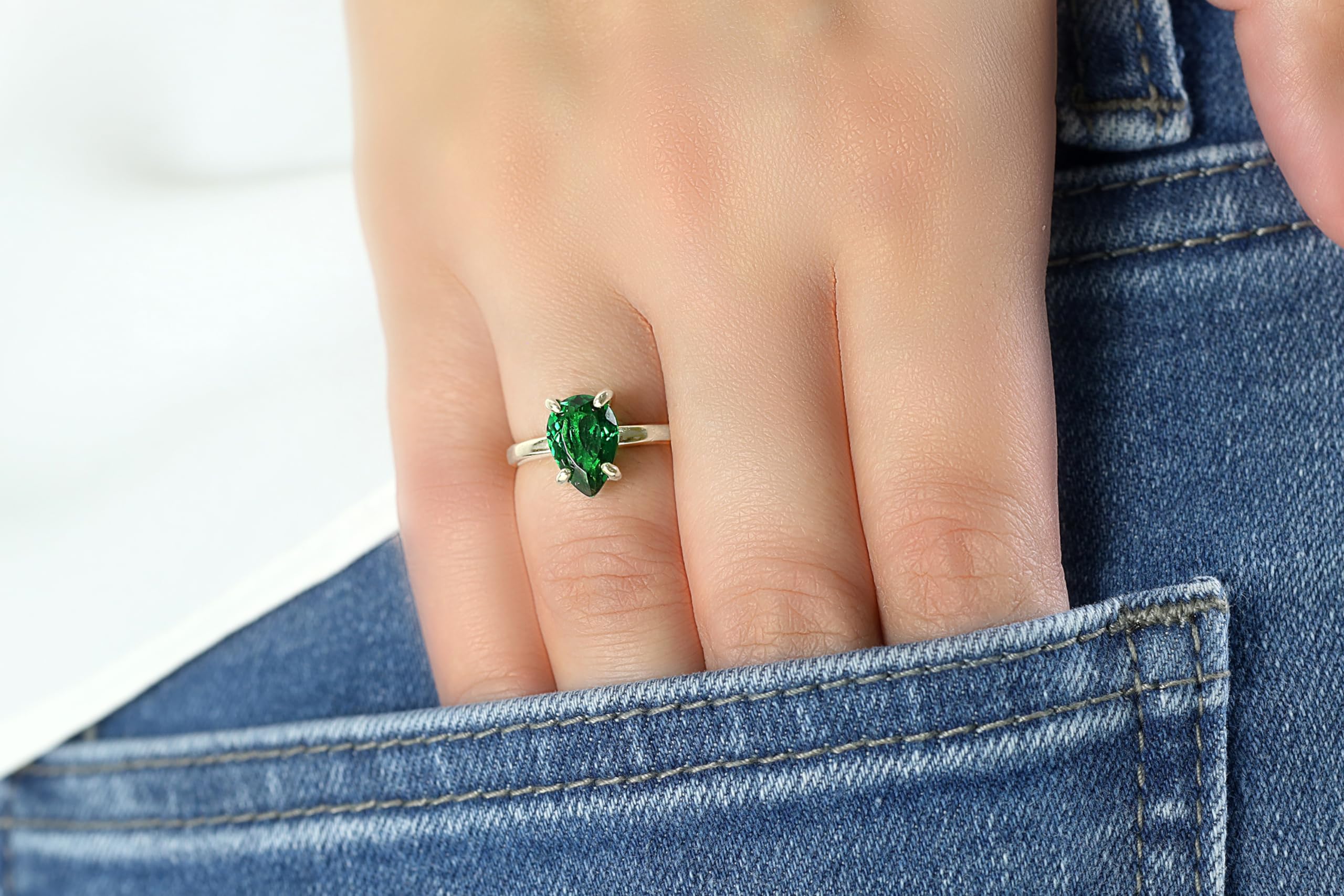 Anillo de Esmeralda Pera Compromiso Boda - Anillo Piedra de Nacimiento Todos los Días - Anillos Artesanales Dainty, Anillos de Promesa Personalizados, Anillos Apilables - Joyería Artesanal para Mujer