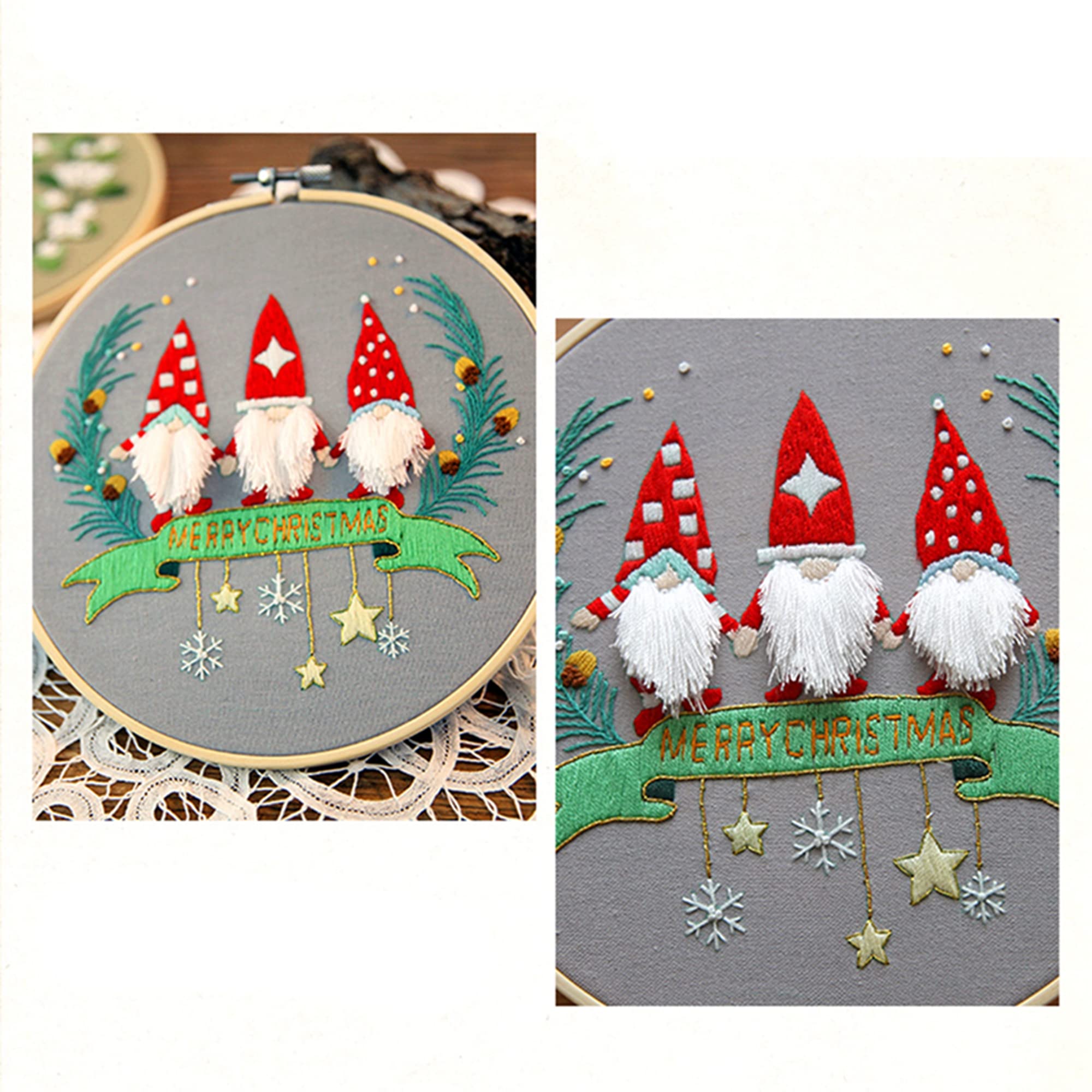 Feltsky Christmas Gnomes Embroidery Kits for Beginners with Pattern, Cotton Threads, Needles, Instruction, 20cm Hoop - Gift for Mom, Grandma