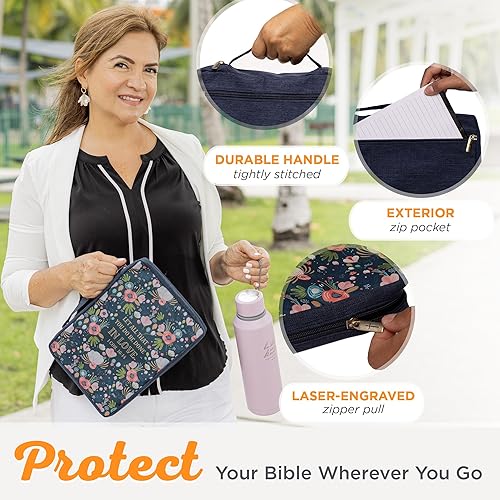 Miniatura 214 de Funda de lona para hombres y mujeres con cremallera para Biblia o libro con asa. Azul marino/Be Still