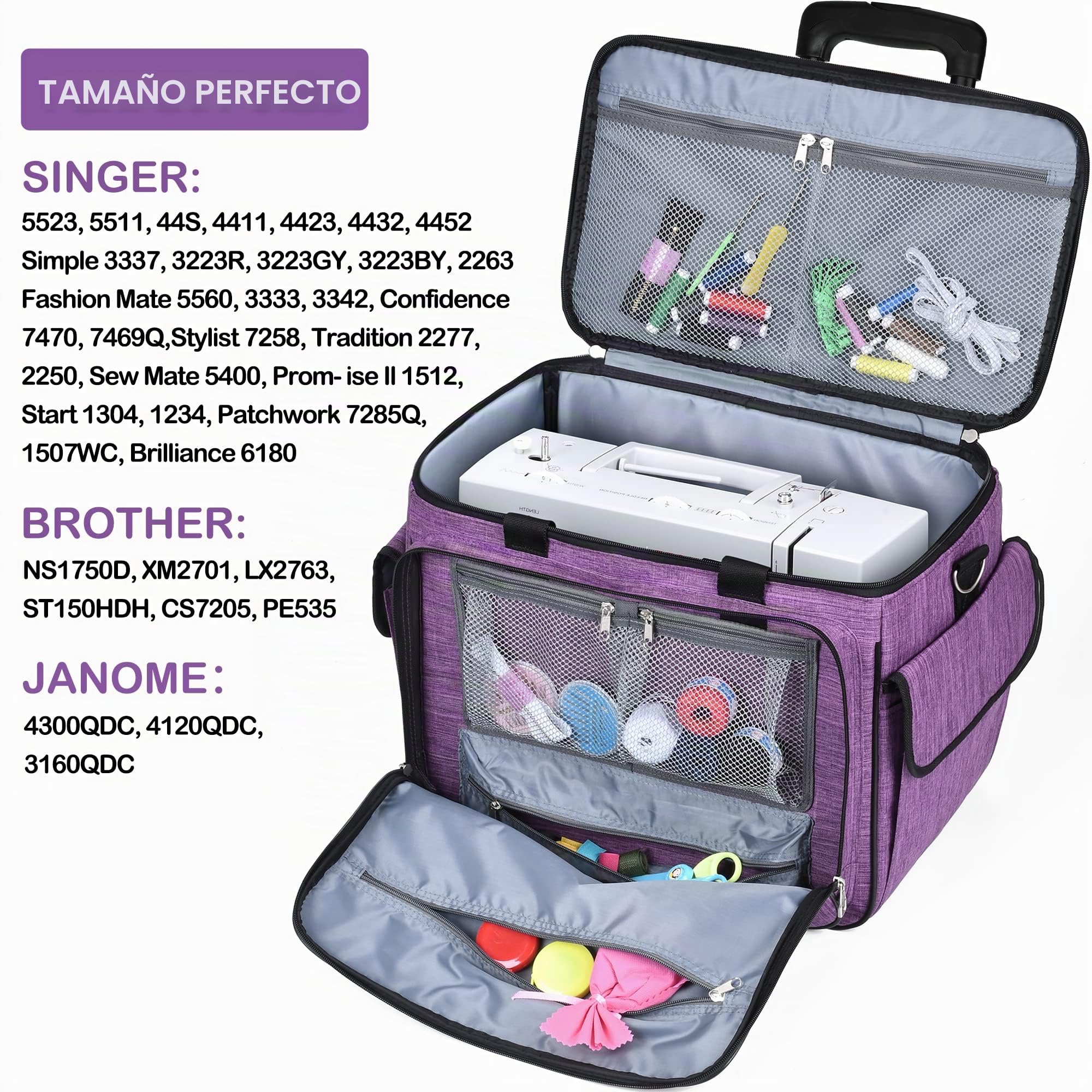 CAB55 - Funda Desmontable para máquina de Coser con Ruedas, Bolsa de Mano con Tabla de Madera Inferior extraíble para la mayoría de máquinas de Coser estándar y Accesorios