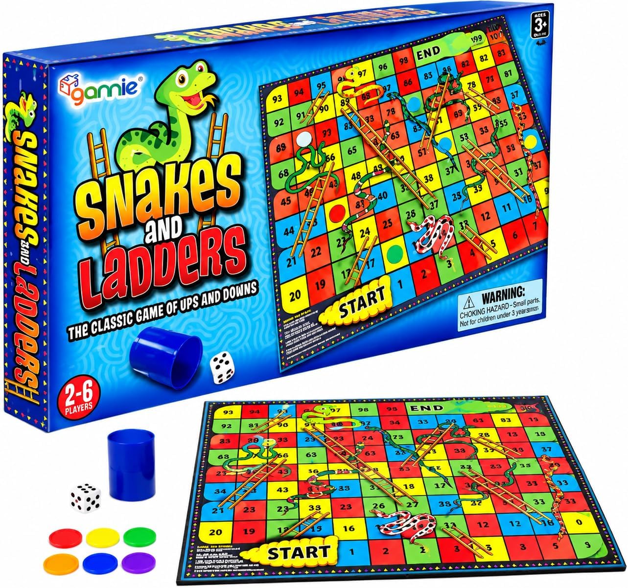 Gamie Snakes and Ladders Board Game for Kids, Complete Set with Board, 6 Pegs, and Dice, Classic Fun for Family Game Night and Classroom, Best Birthday Gift Idea for Boys and Girls
