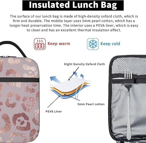 Miniatura 4 de Lonchera con estampado de leopardo de oro rosa, reutilizable, aislada, bolsa térmica para niños, niñas, adolescentes, escuela, hombres, mujeres,
