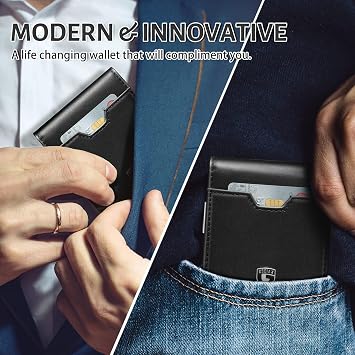GSOIAX Men's Slim RFID Blocking Leather Wallet with Money Clip | Minimalist Carbon Fiber Bifold Credit Card Holder | 11 Card Slots | Gift Box Included, Leather red, Classic