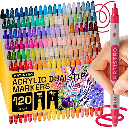 ARTISTRO 120 Acrylic Paint Markers for Rock, Fabric, Wood, Glass, Decoration - Dual-Tip Paint Pens for Coloring Books for Adults, Teens, Kids - Art and Craft Supplies Kit - Gift Idea