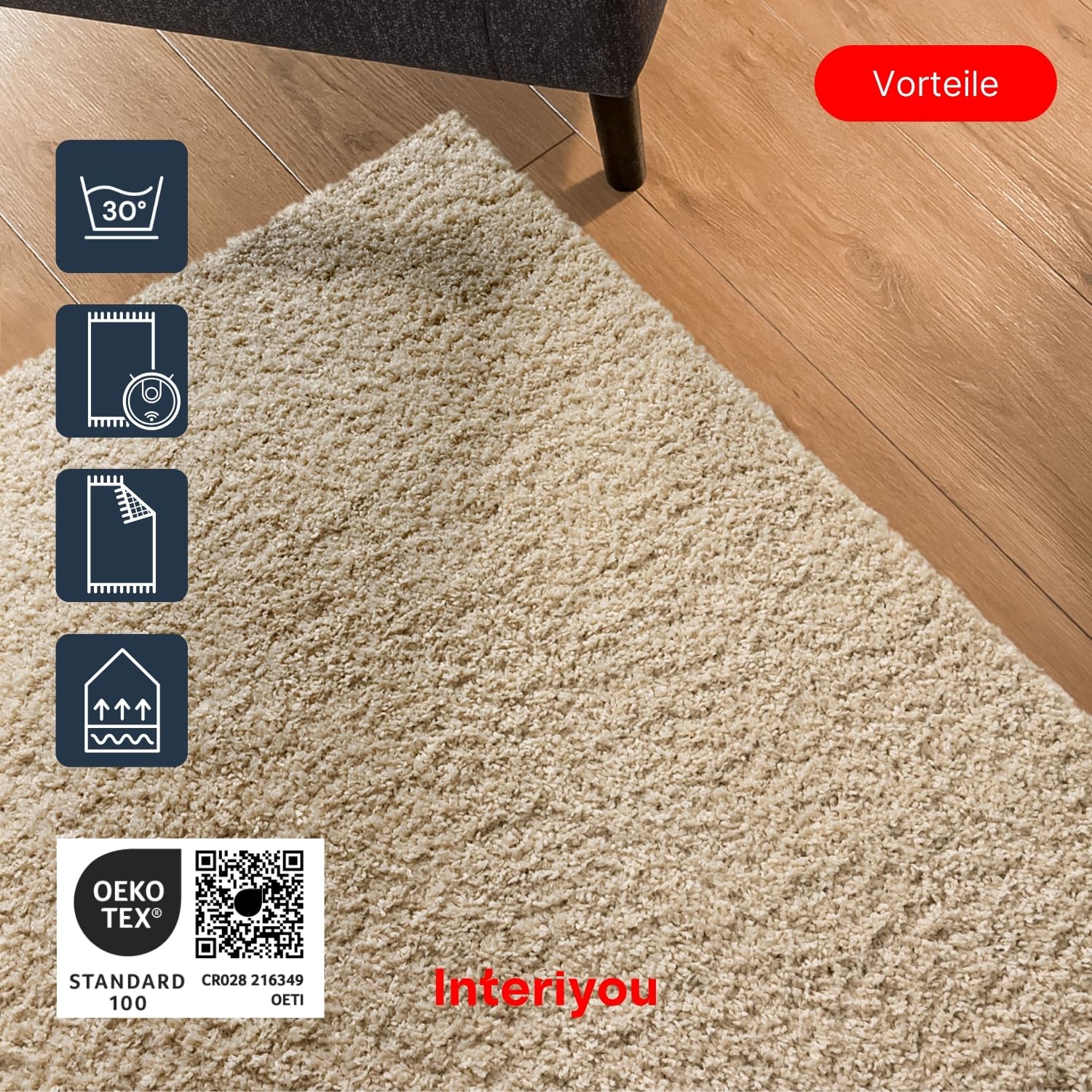 Interiyou Hochflor Teppich Sofia - 160x160 cm Creme - flauschig und einfarbig - waschbar und rutschfest - weicher Langflor