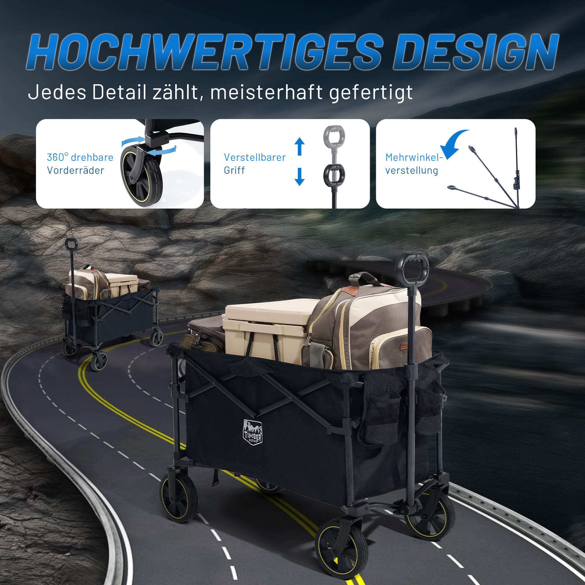 TIMBER RIDGE Bollerwagen Faltbar 200L mit Getränkehalter Verstellbarem Griff, Handwagen Klappbar Transportwagen für Alle Gelände, 150KG Belastbar