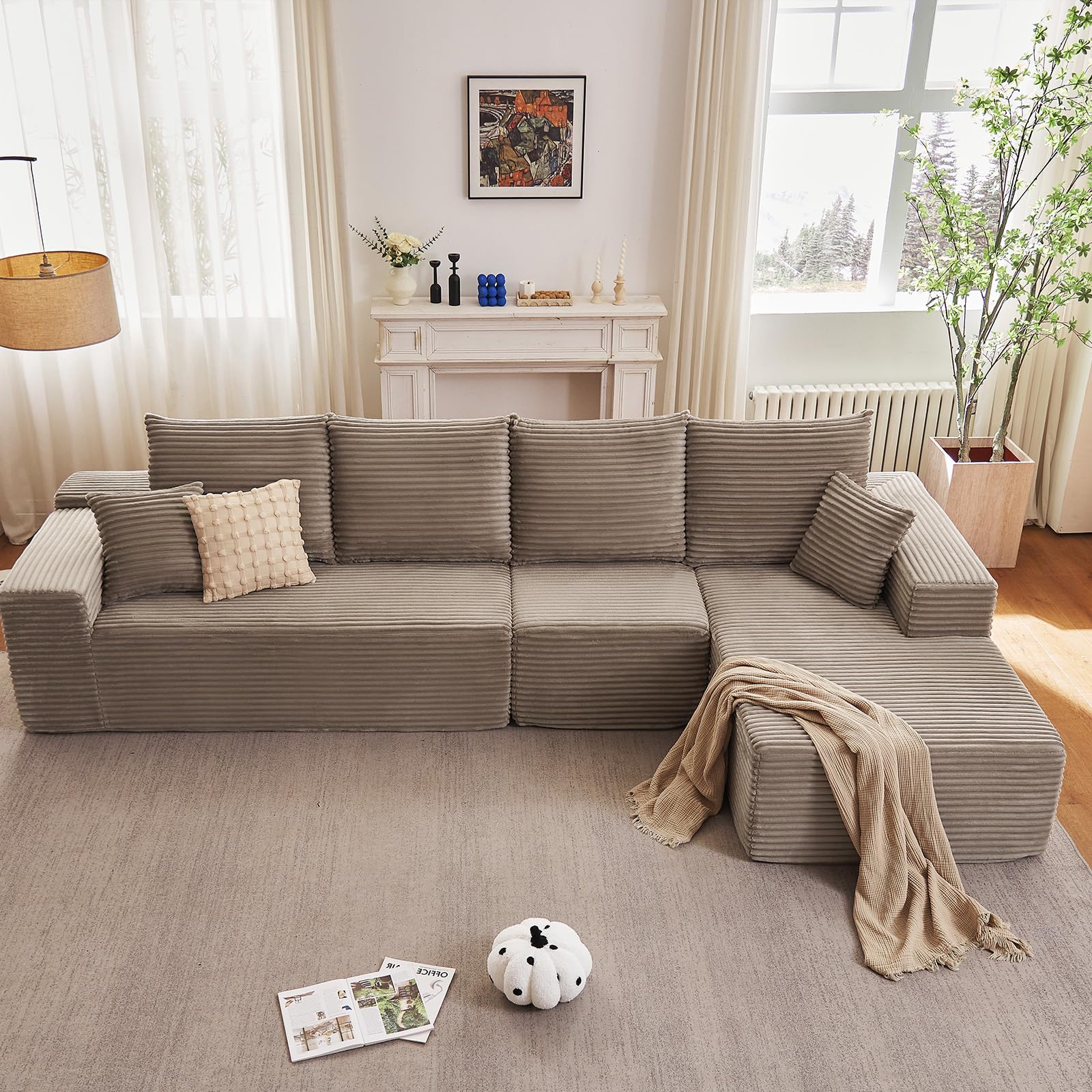 135.4" Cloud Sectional Couch with L-Shape Chaise, Modern Corduroy Boneless Couch for Living Room,Memory Foam Sofa with Deep Seat,No Assembly Required