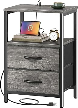 Huuger Nightstand with Charging Station, Side Table with Fabric Drawers