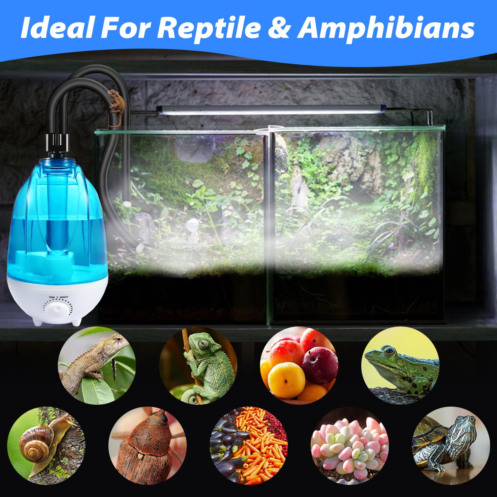 Reptilie Luftbefeuchter Terrarium, 4L Reptilien Luftbefeuchter 300mL/h Mit 7 Farben der Nachtlichtfunktion, Terrarium-Nebelgerät Mit verstellbarem Schlauch, Vaporizer Nebelmaschine mit Doppeldüse