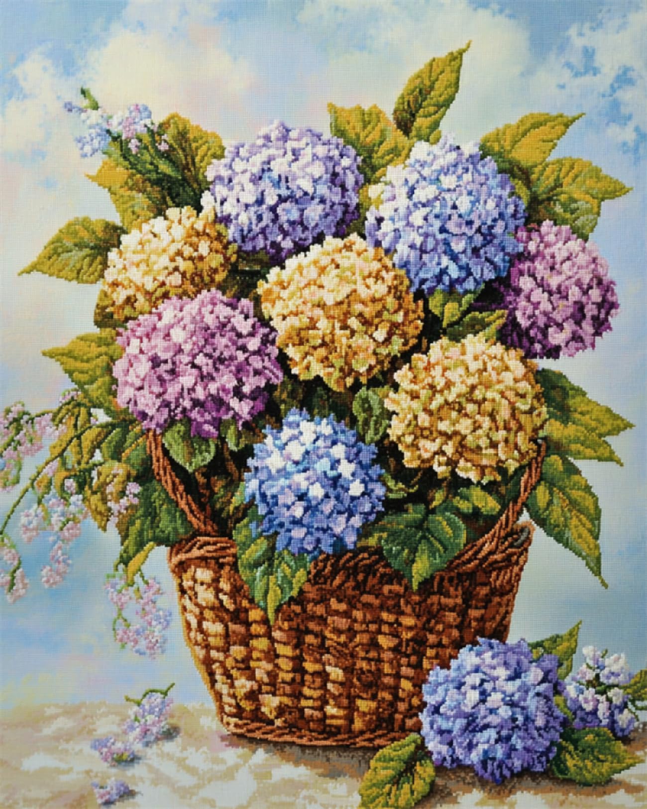 BEAYIOU Kit Broderie Point De Croix Fleurs Hortensia - Kit Complet Pour Adultes Et Débutants 30x40 Cm