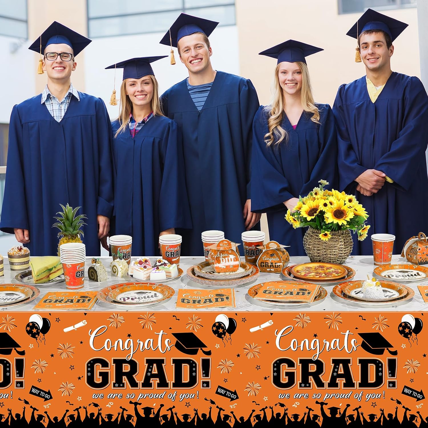 Graduation Plates and Napkins Set Serve 50, Class of 2026 Graduation Party Dinnerware Set, Orange Disposable Paper Plates Napkins Banner Tablecloth for Graduation Congrats Grad Party Supplies