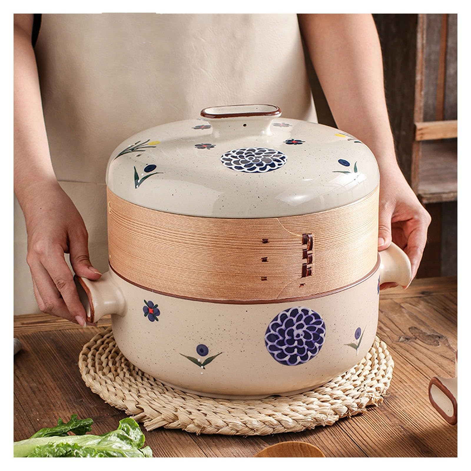 Japoński garnek do zapiekania z bambusowym koszykiem do gotowania na parze, okrągły kamionkowy garnek z pokrywką, ceramiczny dwupoziomowy garnek do zupy(1.5L)