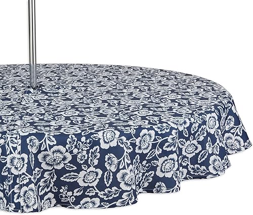 DII Colección de mesa para interiores y exteriores, estampado floral, resistente al agua y lavable a máquina, 60" redonda con cremallera, azul