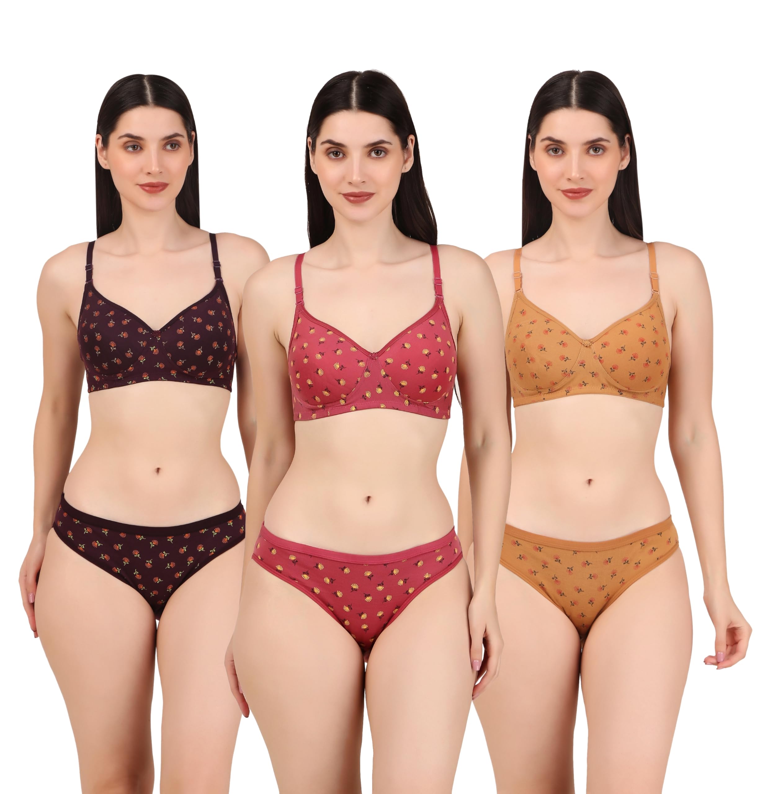 Women’s Padded Seamless Bra Panty Set Pack of 3 | Non-Wired Full Coverage Smooth T-Shirt Bra | Comfortable Everyday Lingerie Combo (Maroon, Pink, Mustard)-image-6
