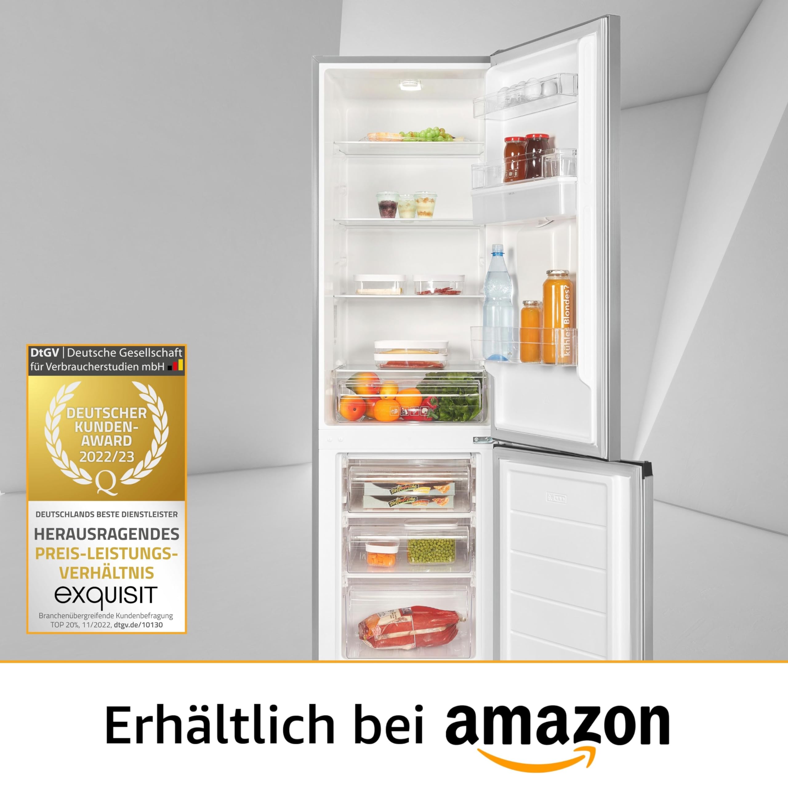 Exquisit® Frigorífico Combi, 260L, Clase D, Material Acero Inox, Dispensador de Agua, Cajón Verdulero, 4 Estantes de Cristal, Altura Regulable, Luz LED, Consumo 168 kWh/año, Medidas 179,5x55x56 Cm.