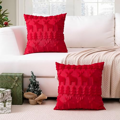 Miniatura 5 de OTOSTAR Juego de 2 fundas de cojín decorativas de terciopelo de lana suave de Navidad, fundas cuadradas de lujo para sofá, dormitorio, árbol de