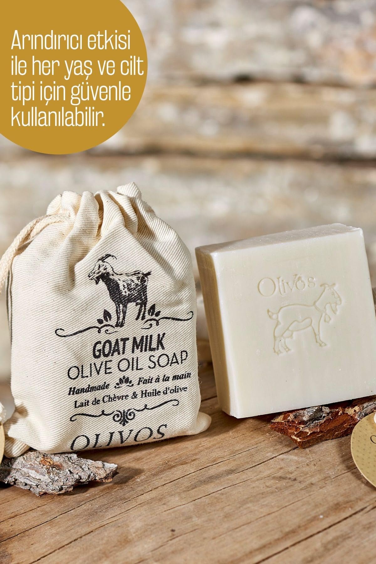 OLIVOS Doğal Keçi Sütü Ve Zeytinyağlı Katı Sabun, Keçi Sütlü El Sabunu, Kese Hediyeli 150 Gr (Keseli) (Keçi Sütlü)