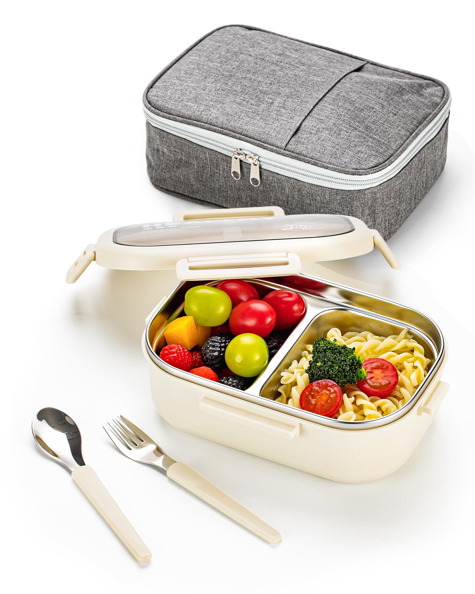 Lille Home 850ml Stainless Steel Leakproof 2-Compartment Bento Lunch Box/Portion Control Food Container with Lunch Bag and Cutlery Set, BPA Free (Beige) — image 1