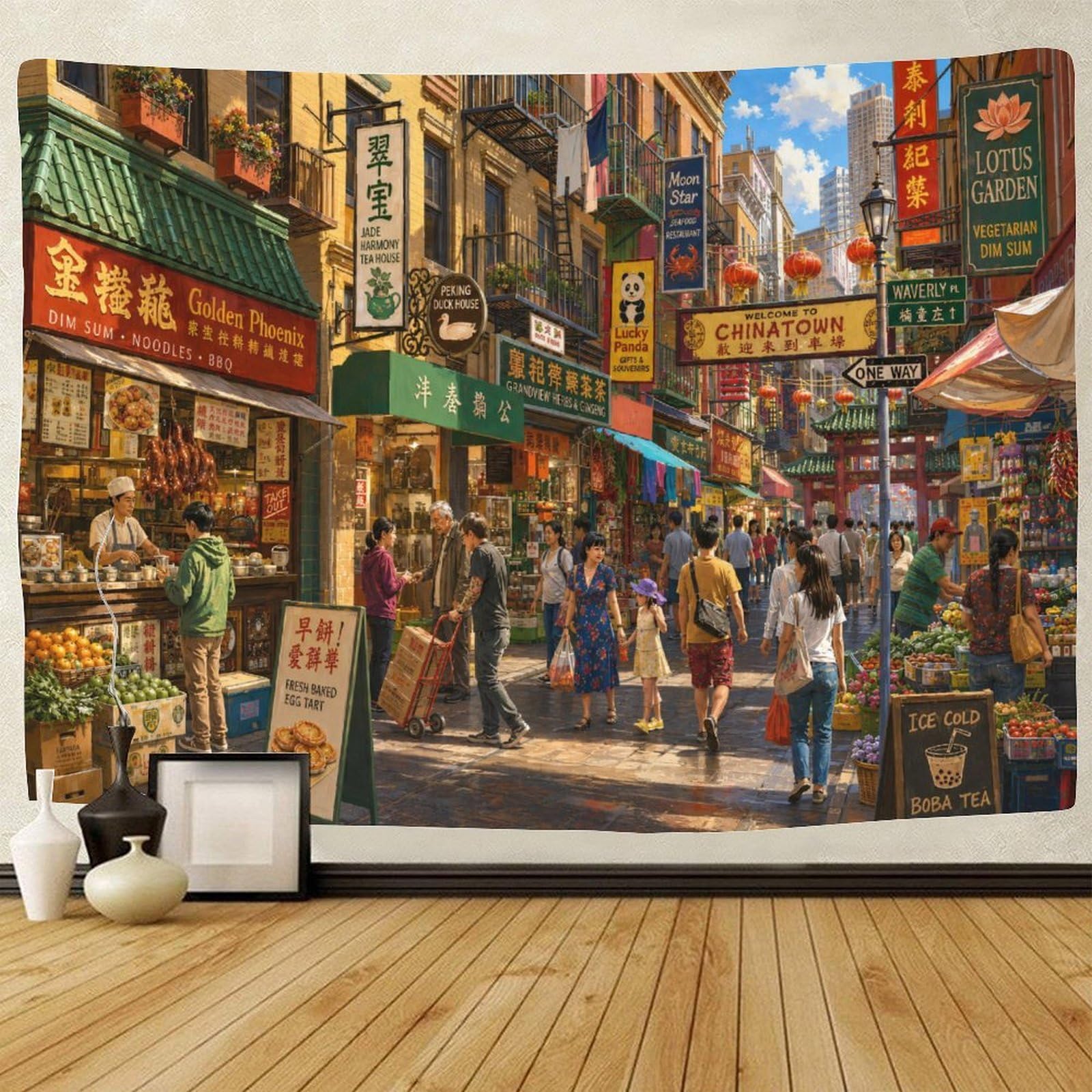 GPMNBCXZK Vintage Chinatown Street Wall Art Decor 3D Print Wall Tapestry Tapestries Poster Curtain Bedroom College Dorm 180cmx230cm