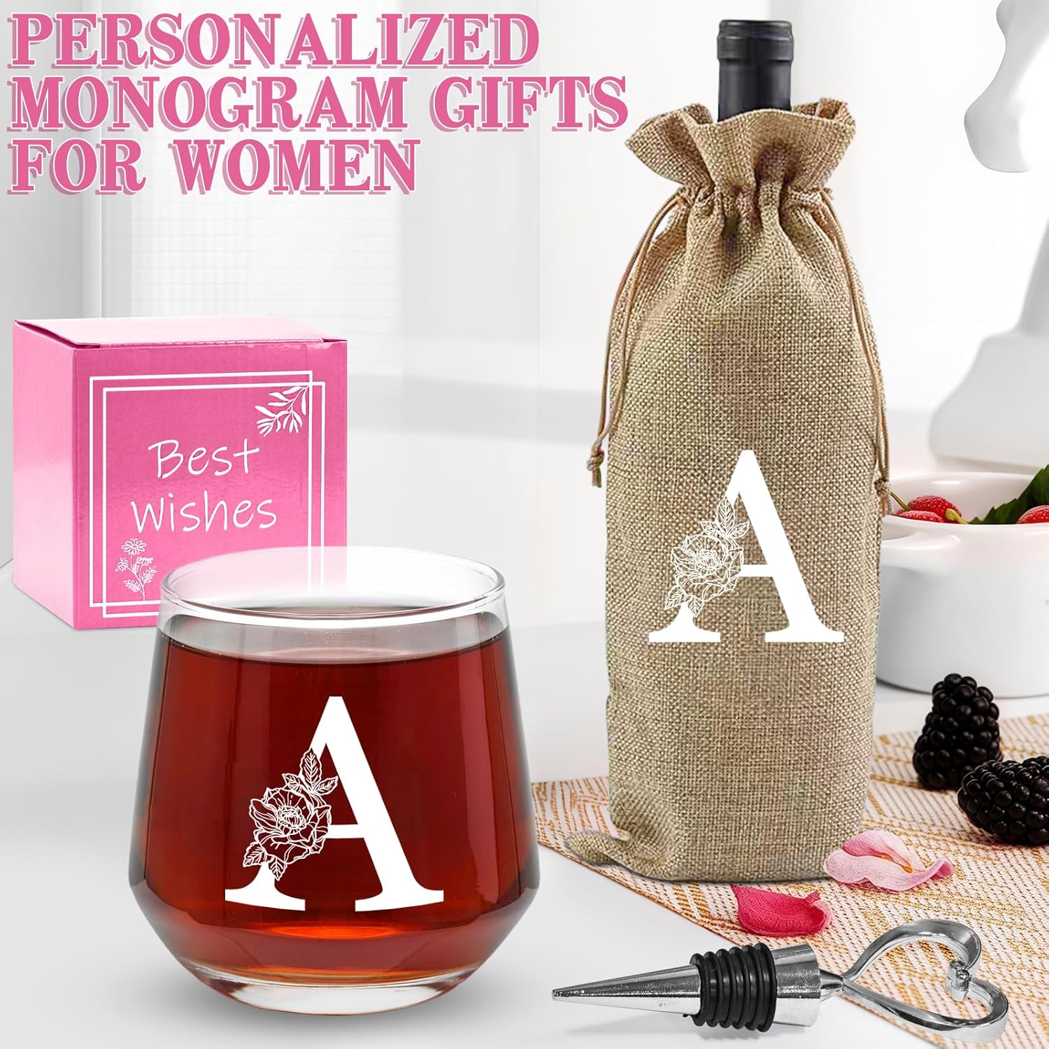 Personalized Gifts for Women,Monogrammed A-Z Wine Glasses Gifts for Women,Wine Glass for Gift Box,Birthday Gifts for Mom Sister Grandma-A - Image 6