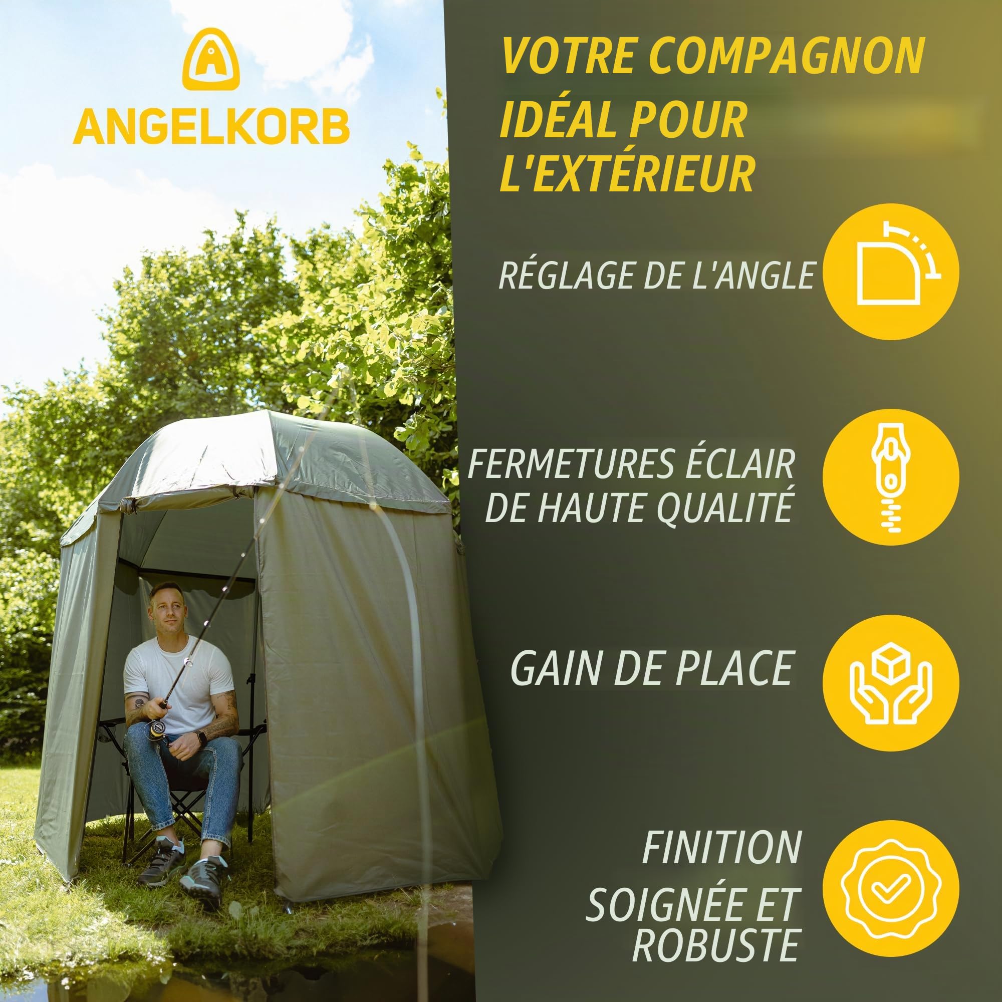 Parapluie de pêche avec paroi latérale de 2,50 m – Parapluie et tente de pêche, imperméable, protection anti-moustiques, inclinable à 45° – Tente de pêche pour le camping et l'extérieur