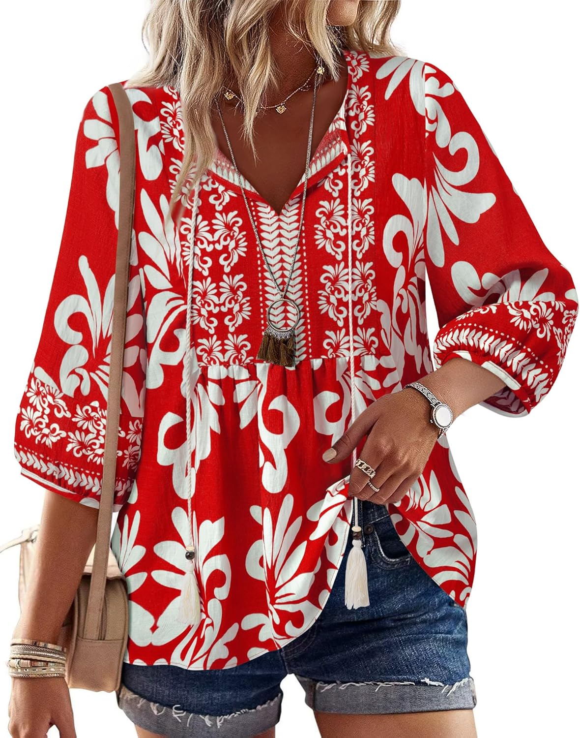 Vivilli Womens Summer Boho Babydoll Tops 3/4 Sleeve Pleated Peplum Blouses Casual V Neck Tie Front 2026 Tunic Tops