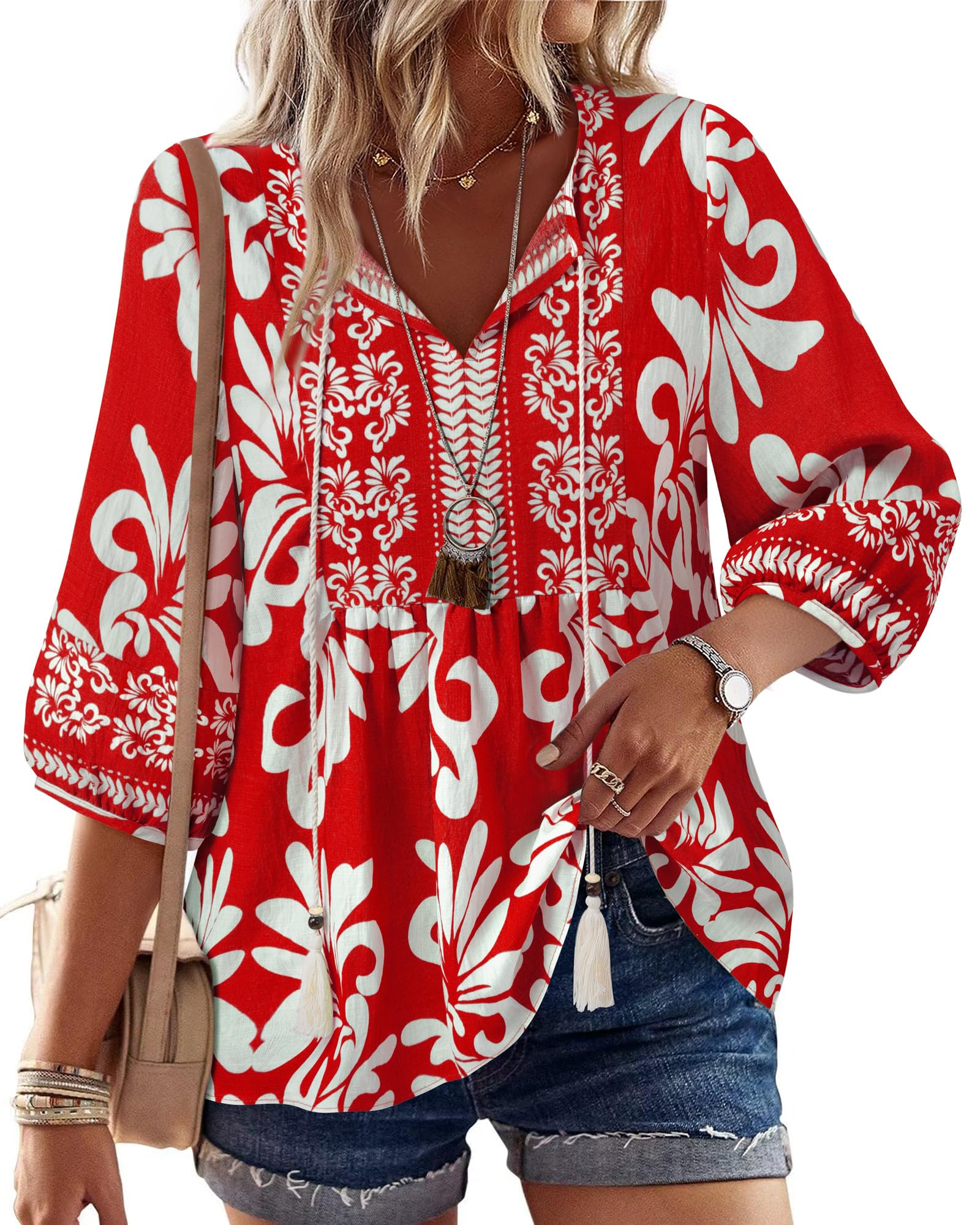Vivilli Womens Fall Boho Babydoll Tops 3/4 Sleeve Pleated Peplum Blouses Casual V Neck Tie Front 2026 Tunic Tops