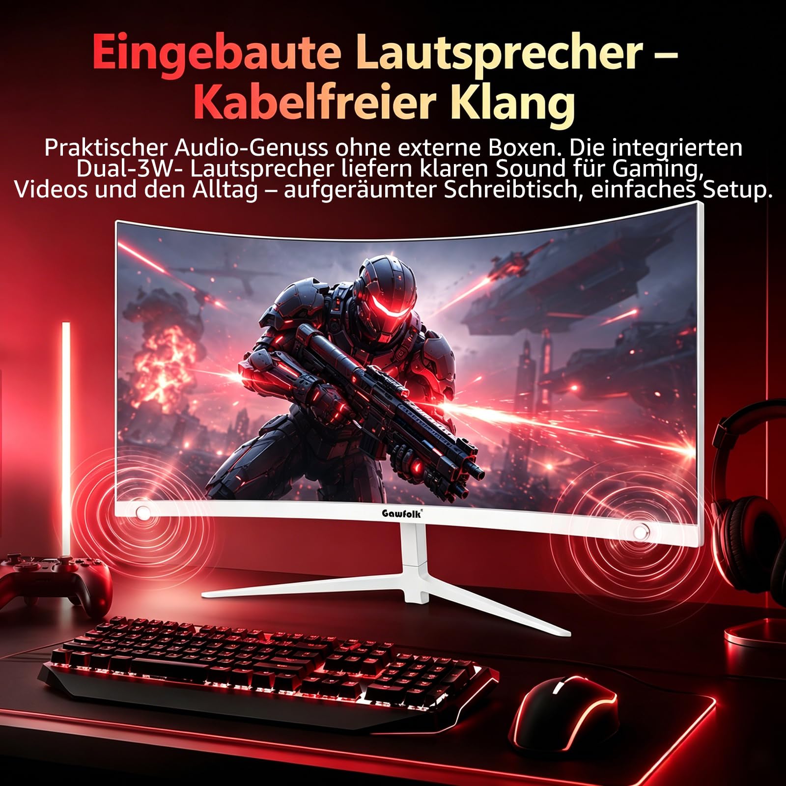 Gawfolk 27 Zoll Curved Gaming Monitor 200Hz, 1800R Full HD PC Bildschirm mit Lautsprecher, 1920x1080p Computermonitors for Home & Office, HDMI, VGA, unterstützt VESA 100 * 100MM