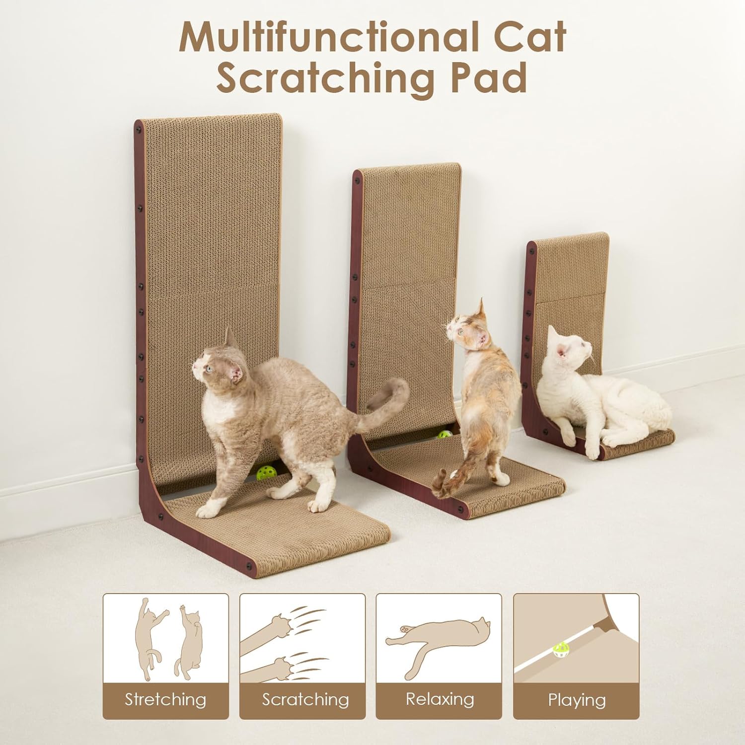 EHEYCIGA Cardboard Cat Scratcher for Indoor Cats, 32 Inch L Shaped Vertical Cat Scratching Board with Ball Cat Toy, Extra Large Cat Scratcher Pad, Dark Brown