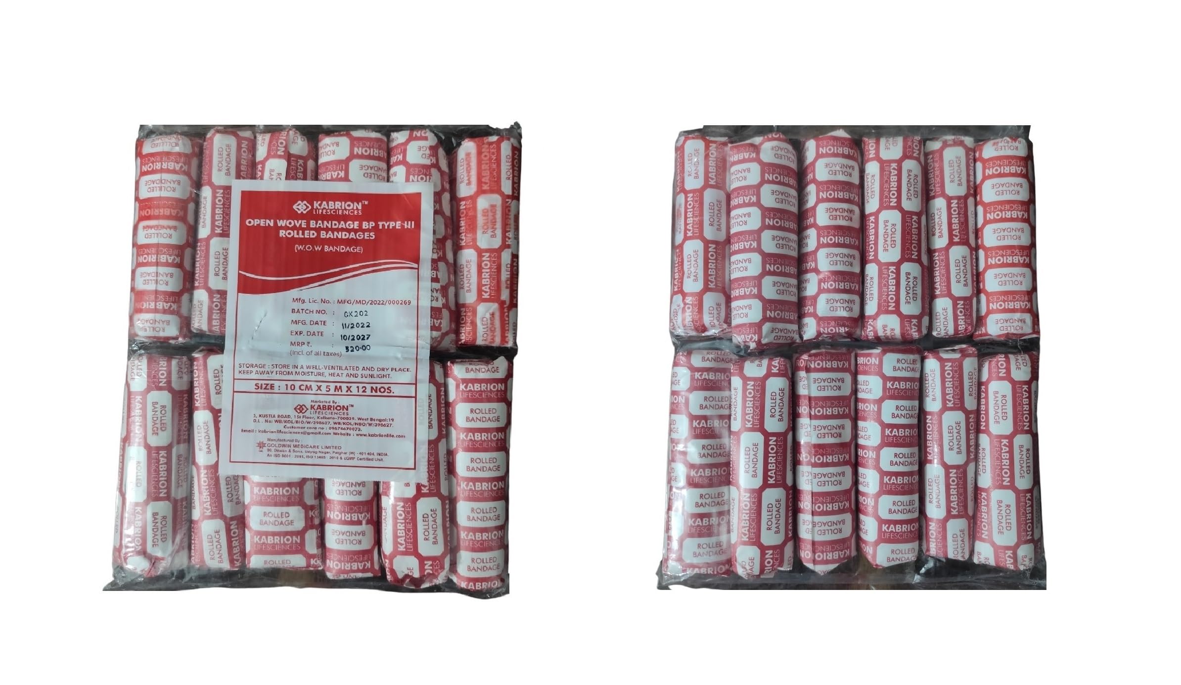 KABRION KAB Open Wove Absorbent Cotton Medical Gauze Roll Bandage 4inch (10cm x 5mtr) (12 Rolls)