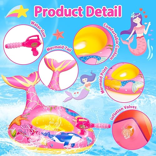 Miniatura 2 de Flotadores de piscina para niños con pistola de agua, juguetes de piscina de sirena para niños de 3 a 8 años, flotador de piscina inflable para