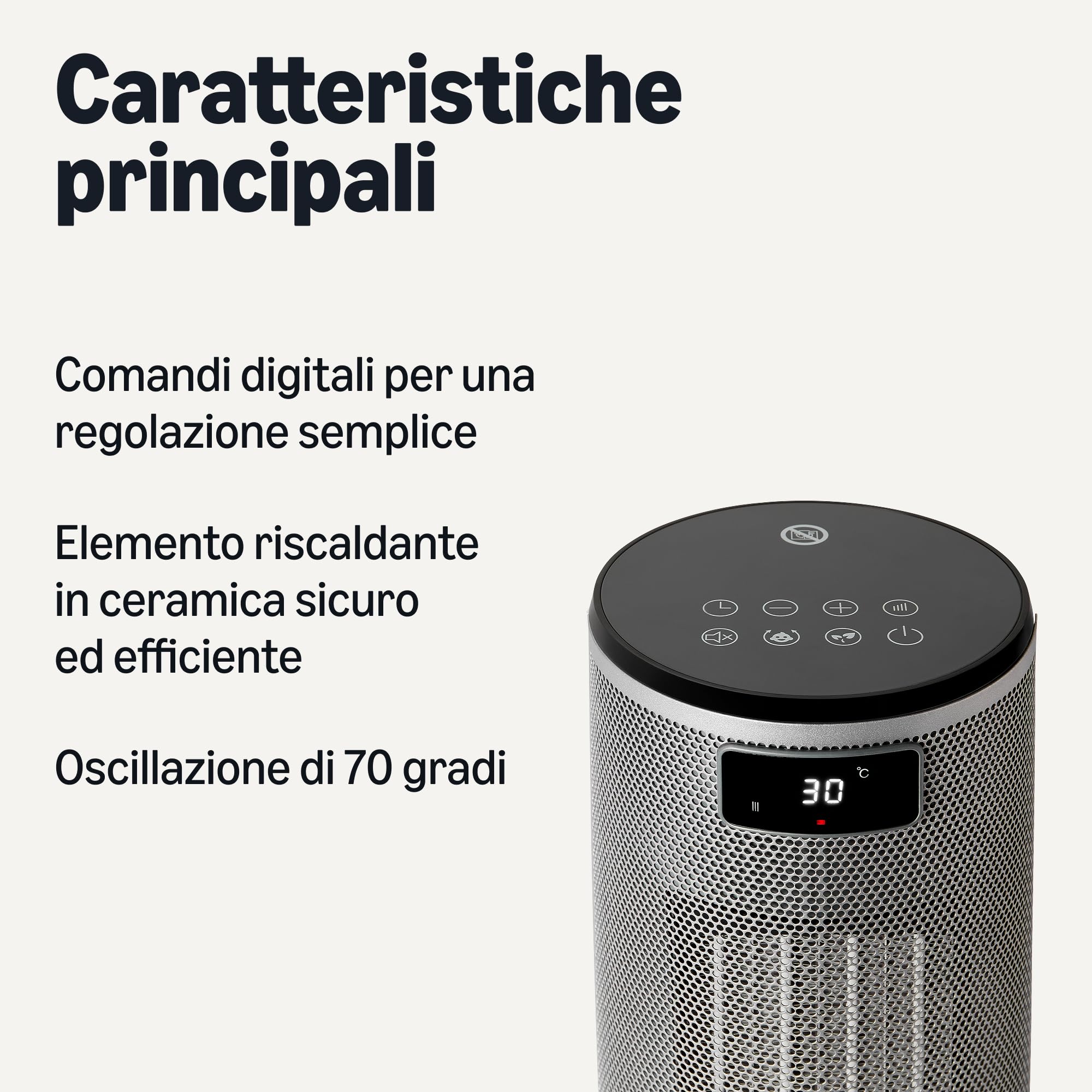 Amazon Basics Termoventilatore elettrico portatile, in ceramica, oscillazione 70°, 1800 W, 40 cm, grigio