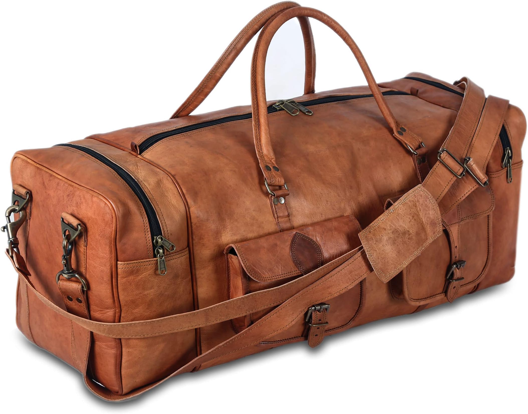 KPL Large 32 Inch Sports Bags for Men Leather Travel Bag Tote Weekend Sports Night Sports Bag, Brown, L