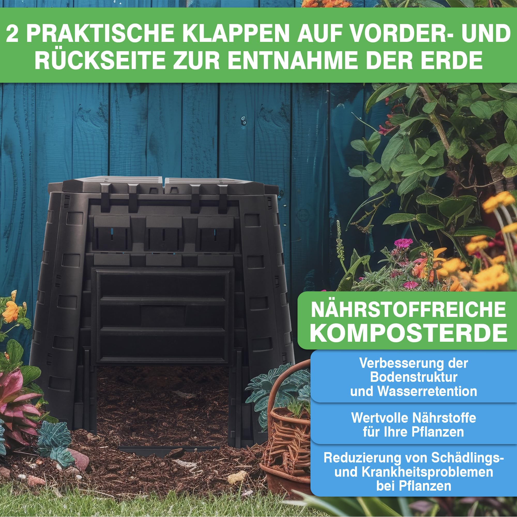 YourCasa® Komposter Garten 450 Liter groß - aus wetterfestem Kunststoff - Schnellkomposter mit robusten Seitenwänden & einfacher Montage - Thermokomposter hergestellt in EU