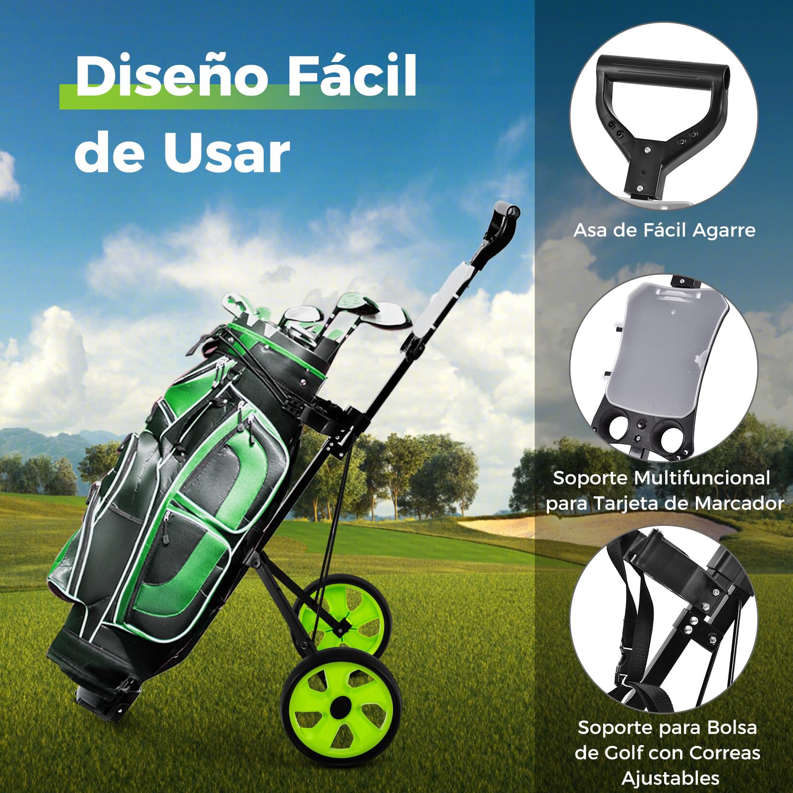 GYMAX Carrito de Golf Plegable 2 Ruedas con Correa Ajustable