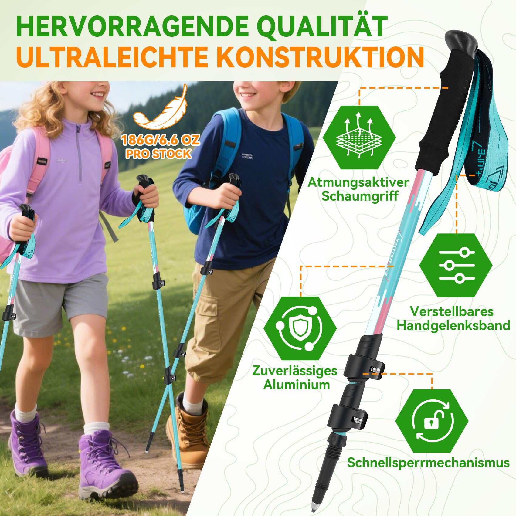 Clostnature Wanderstöcke Kinder Teleskop - Verstellbare Trekkingstöcke für Kinder, 2 Stück Leichte Walking Stöcke aus Aluminium für Wandern, Outdoor, Komfortabler Griff mit Handschlaufe, 50-96 cm
