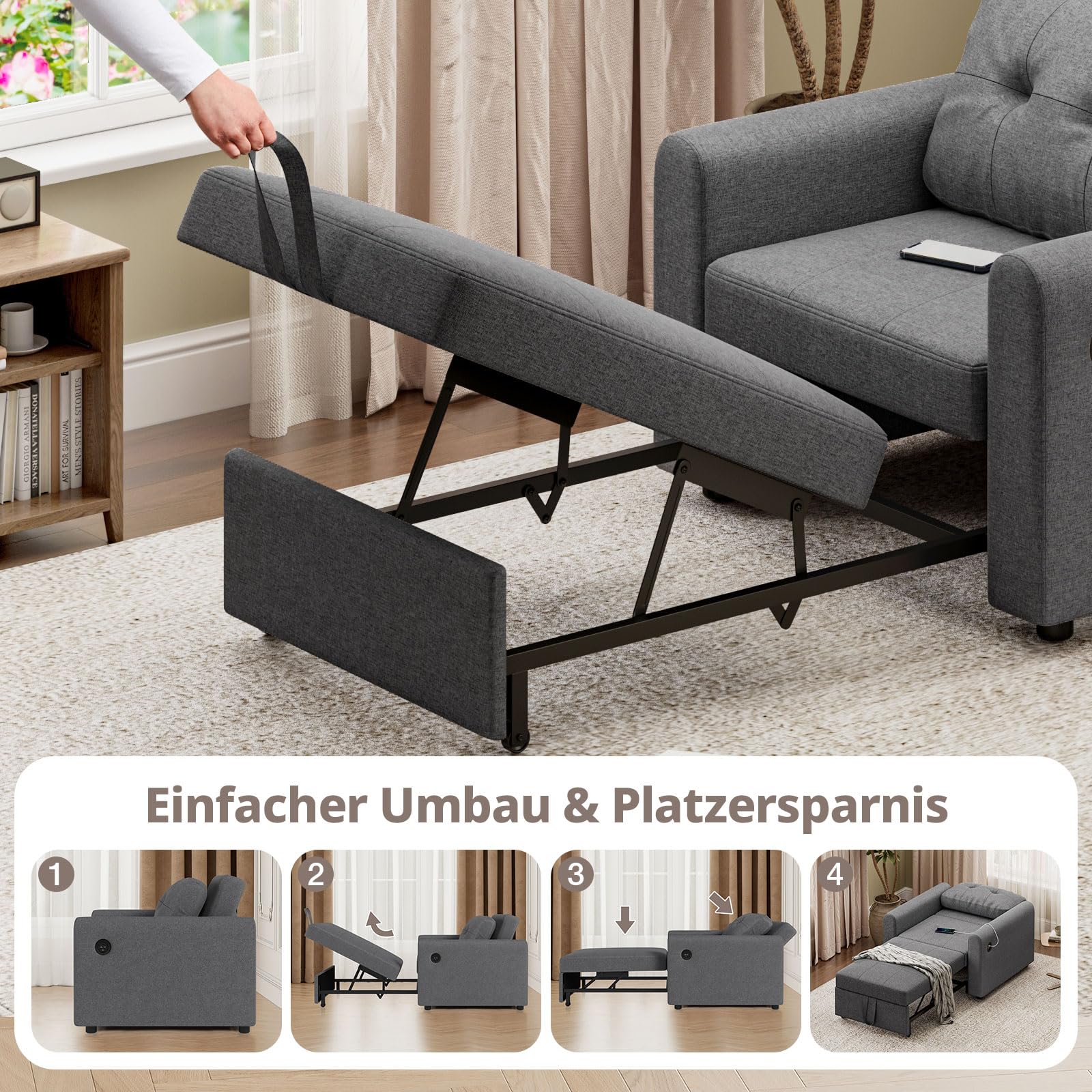 Schlafsofa 190×84cm mit USB & Typ-C-Anschluss, 3-in-1 Schlafsessel, Sofa Bett, Verstellbare Rückenlehne, 3 Winkel, Mit Seitentasche, Ideal für Wohnzimmer Wohnungen, Grau