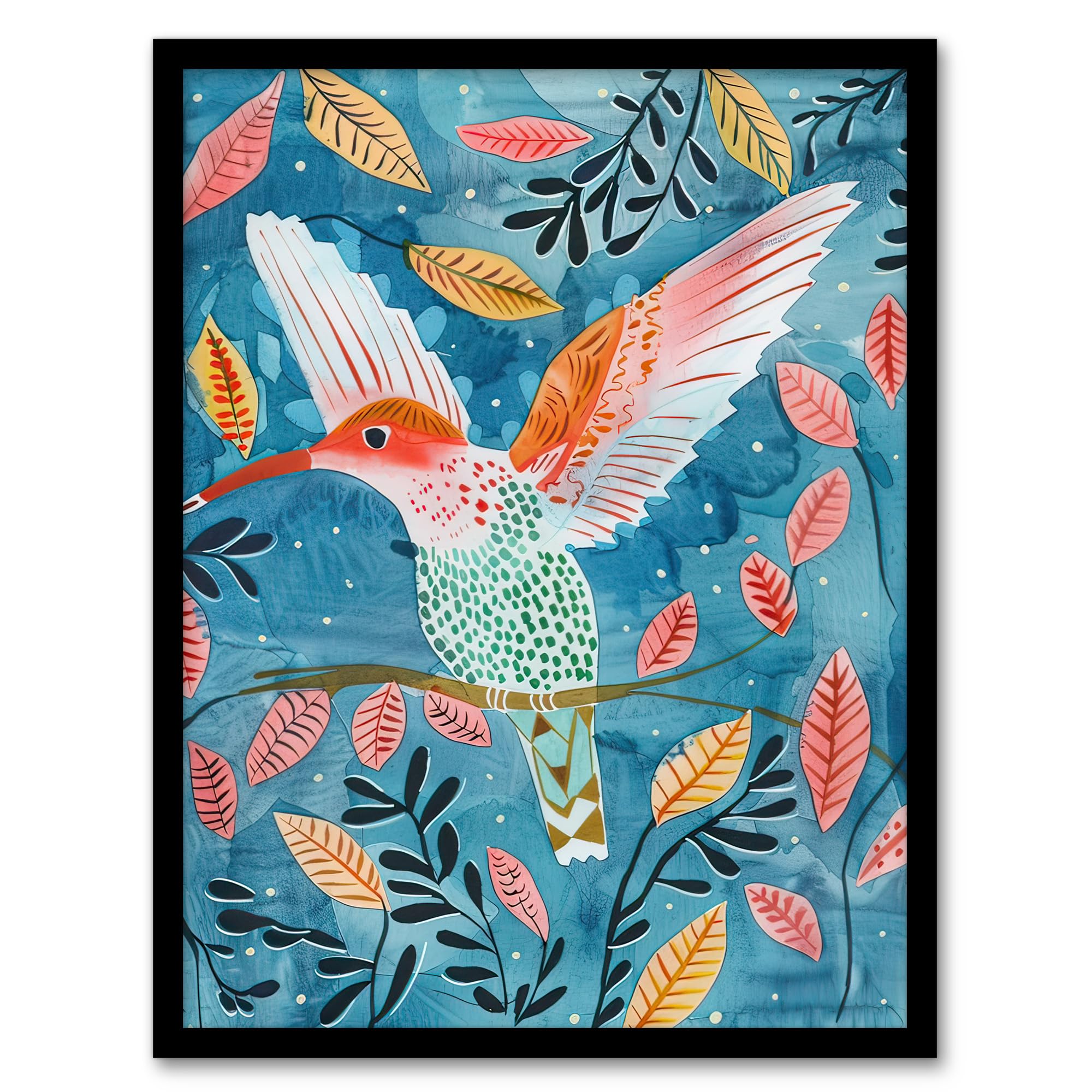 Hummingbird Folk Art Framed Print - Pink, Blue, Orange Watercolour - Artery8 - A4 Size