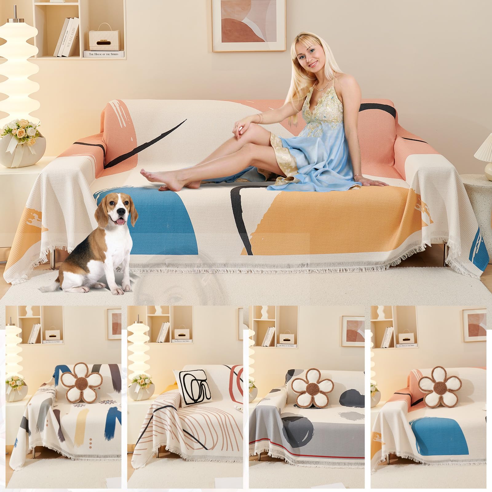 Fundas de Sofá Premium con Borlas - Manta Waffle, Transpirable, Resistente a Las Arrugas, Resistente a los Arañazos de Gato, Colcha Sofa Lavable a Máquina 180 * 360cm-Acuarela