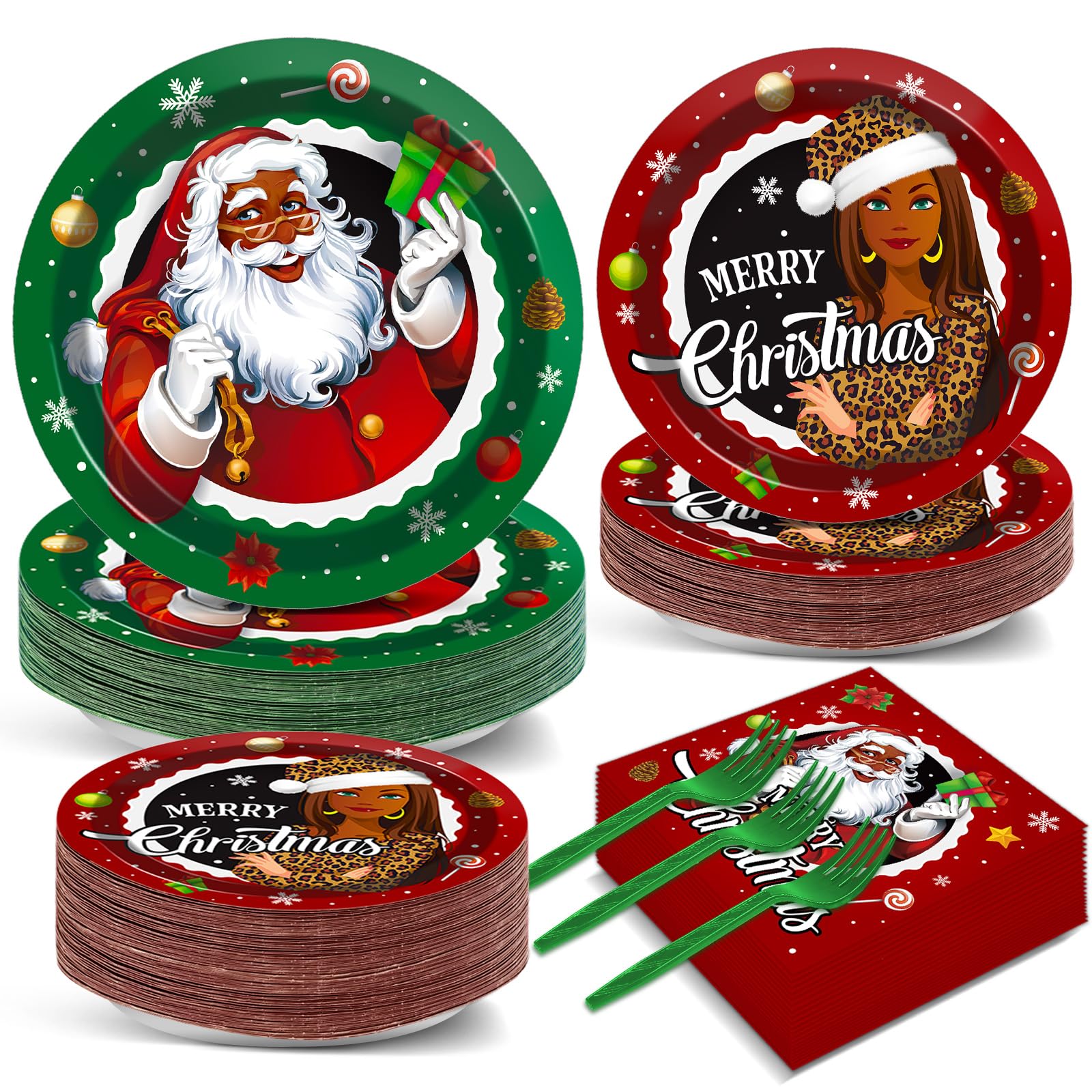 QOUBAI 200 PCS Black Santa Claus Party Plates and Napkins Merry Christmas Party Supplies African American Christmas Tableware Set Holiday Dinner Dessert Decorations for Boys Girls Birthday 50 Guests