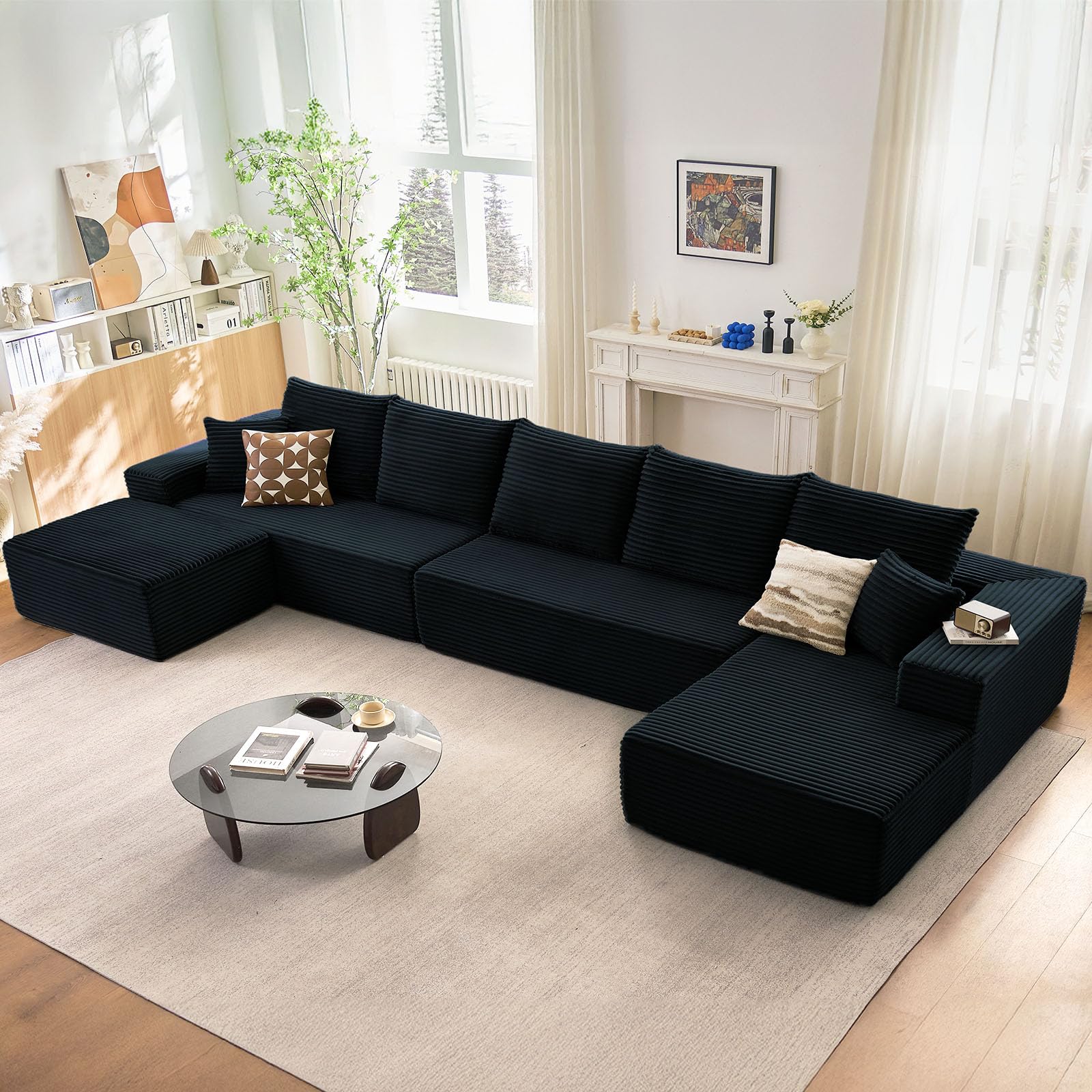 Oversized Modular Sectional Sofa Couch, Large 6 Seater Corner Sofa Modern U Shaped Sectional Couch Cloud Couches for Living Room, Office, Spacious Space, Corduroy, No Assembly Required, Black
