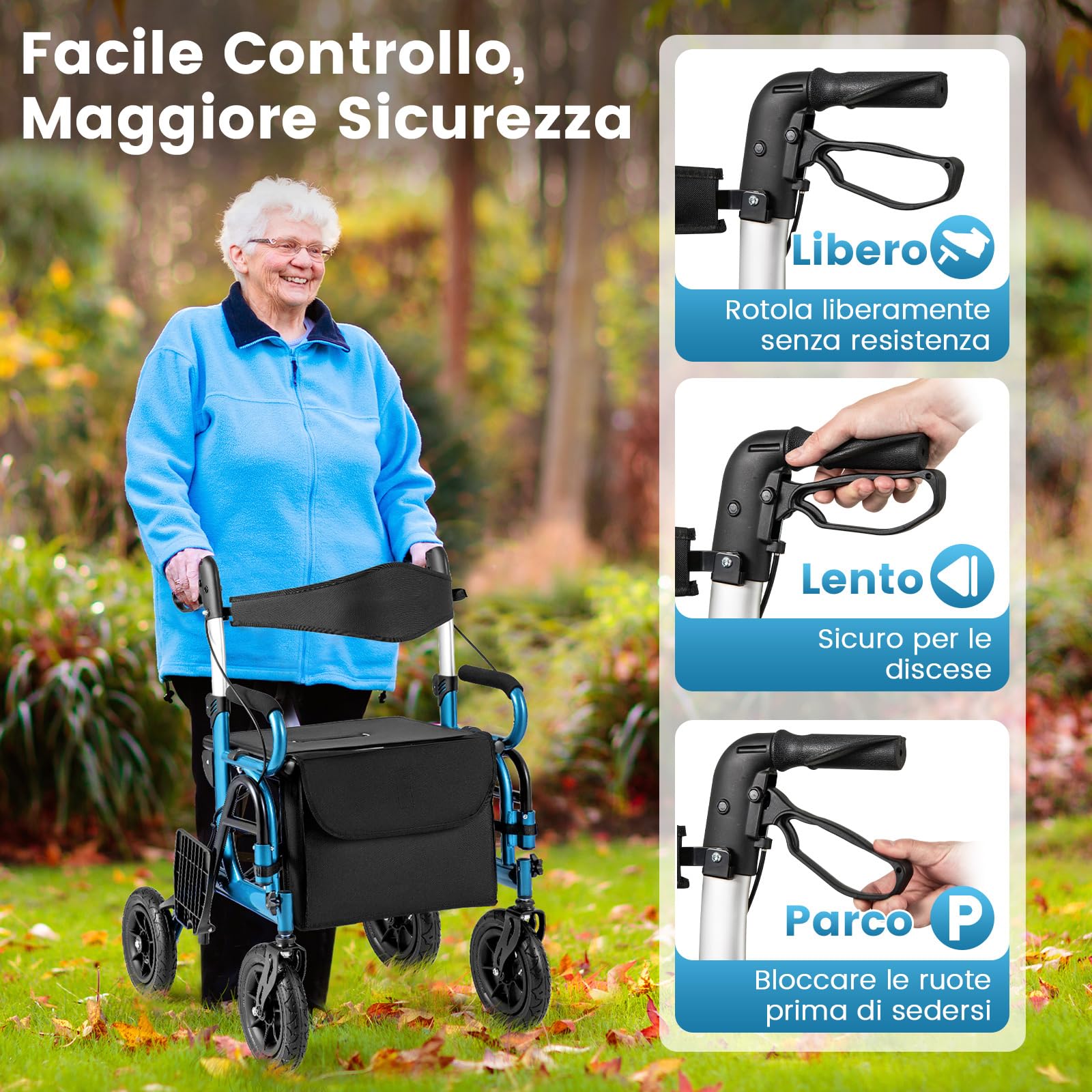COSTWAY 2 in 1 Deambulatore e Sedie a Rotelle in Alluminio, Rollator Pieghevole e Regolabile in Altezza con Seduta e Freni, Girello per Anziani con Ruote Robuste (Blu)