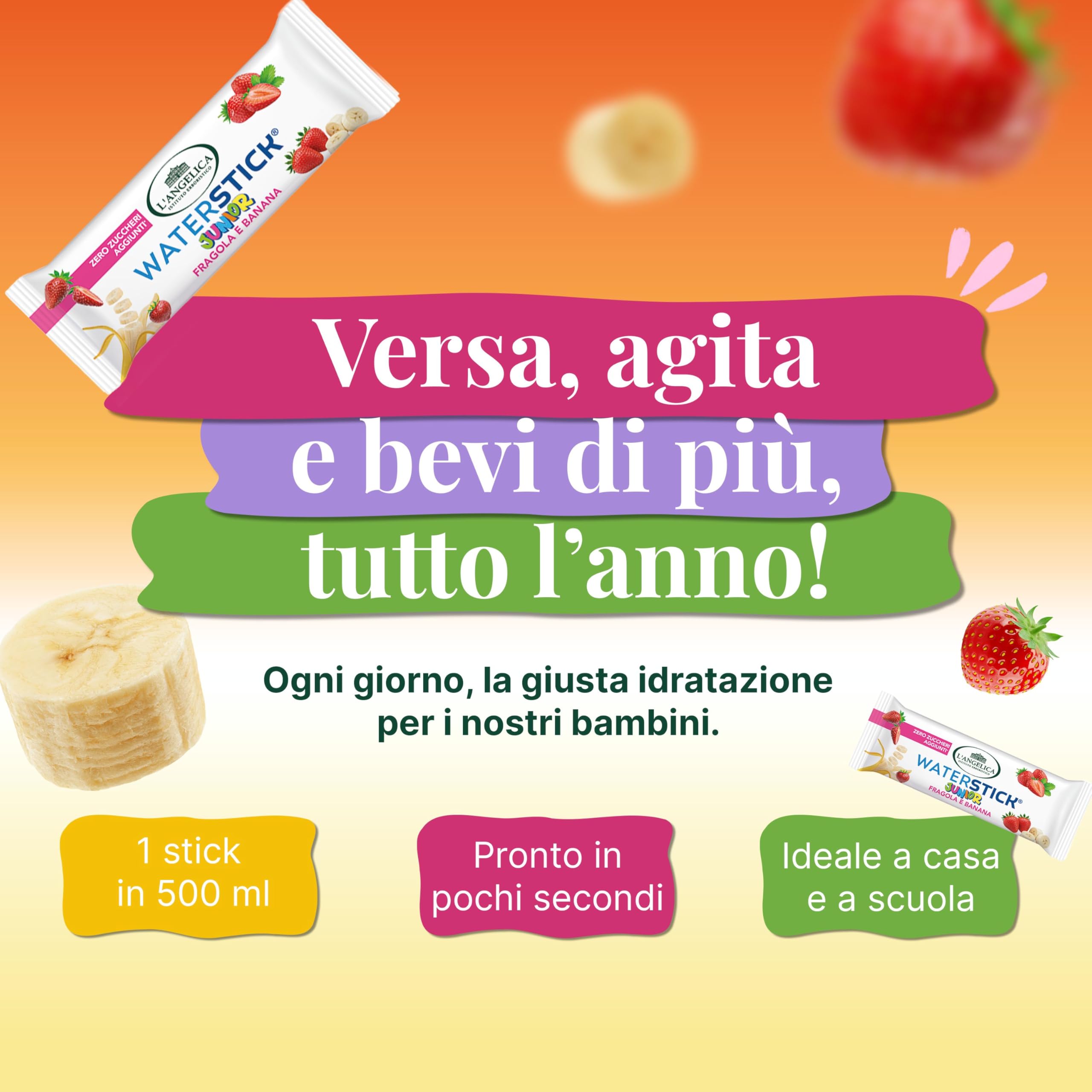 L'Angelica, Waterstick Junior, Gusto Fragola e Banana, Con Frutta, Vitamine, Zero Zuccheri Aggiunti, 6 Astucci da 12 Stick