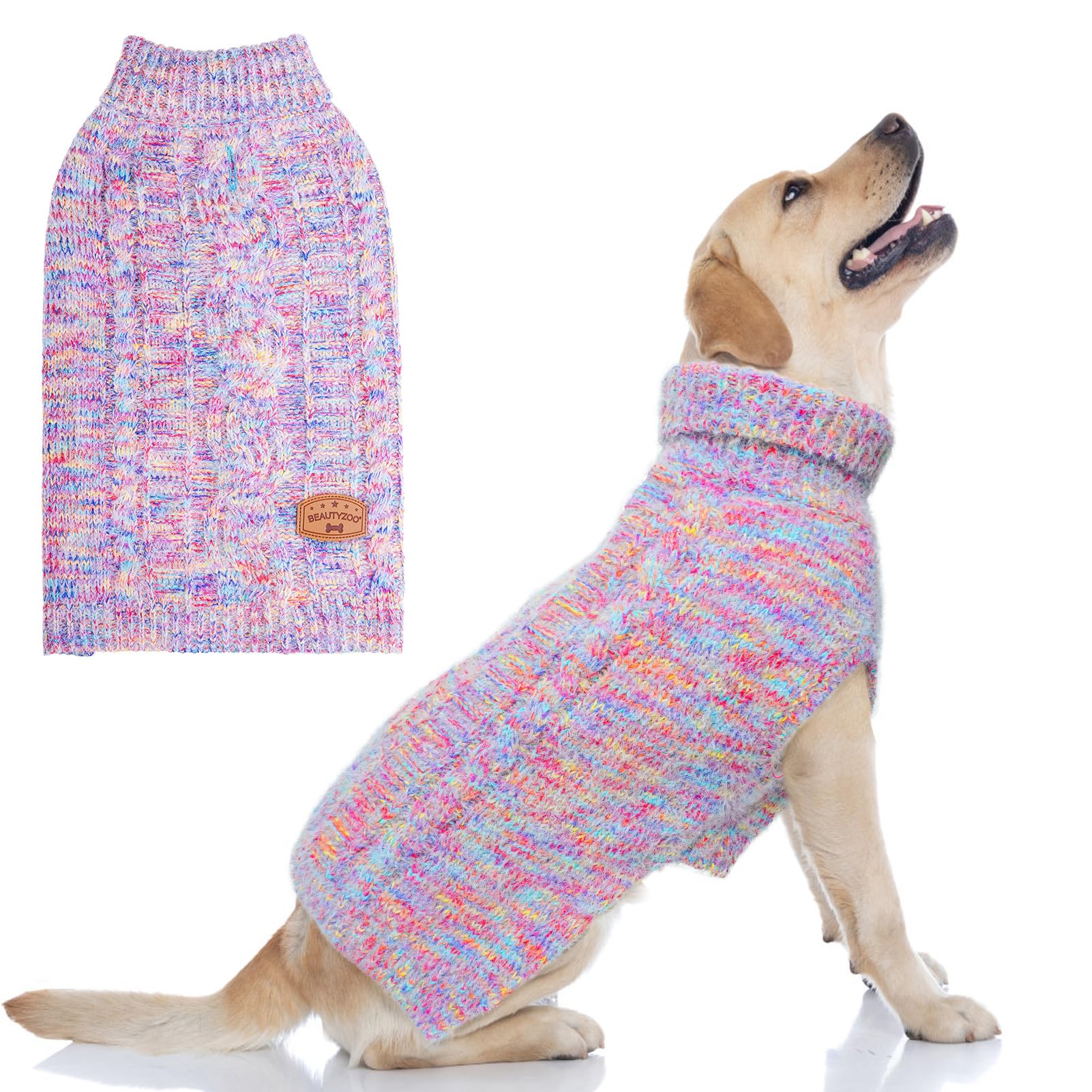 BEAUTYZOO Small Dog Jumper -Turtleneck Pullover Puppy Sweater Classic Cable Knit Fuzzy Winter Coat Dog Cold Weather Clothes for Small Medium Dogs Girl Boys(Rainbow Pink